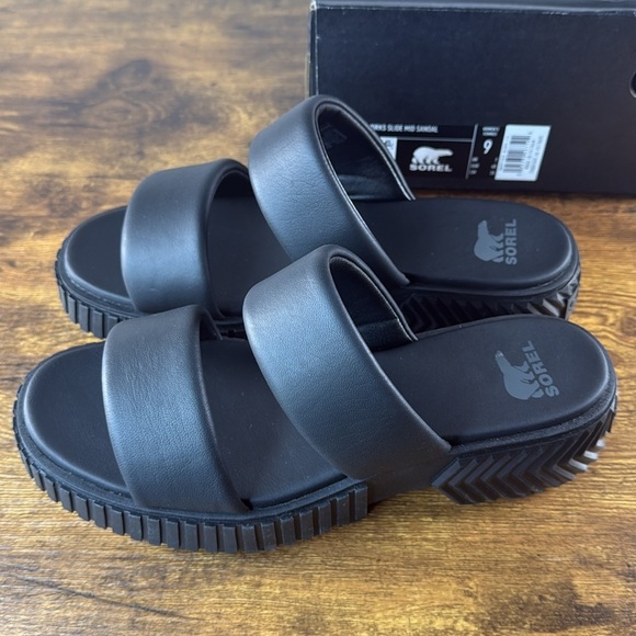 Sorel Black Leather Streetwear Slide Sandals - Picture 1 of 10